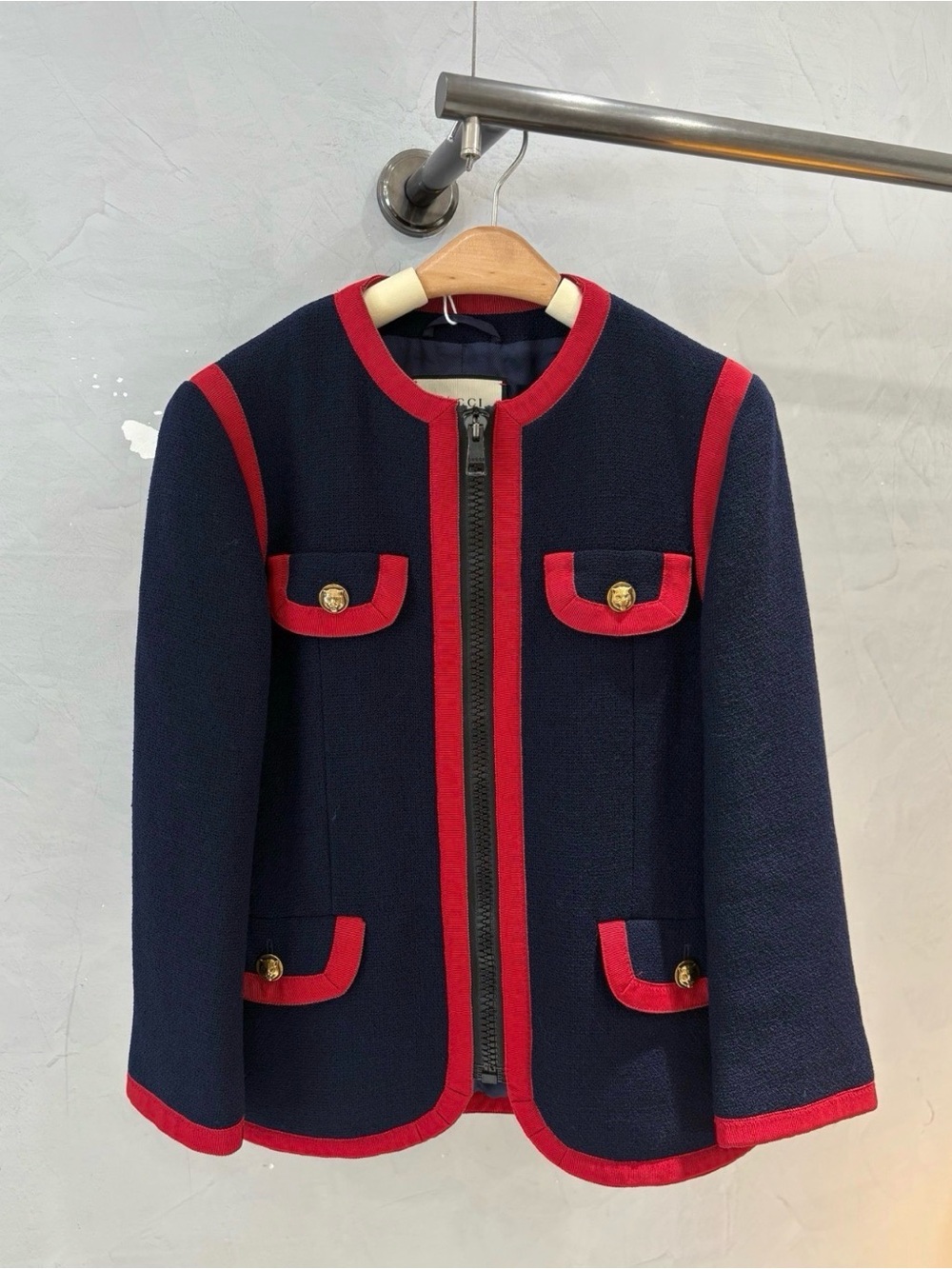 Gucci Navy Blue and Red Trimmed Wool Jacket